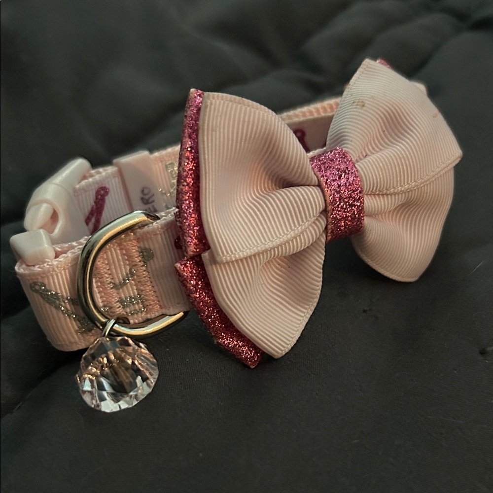 Pink and White Bow Dog Collar for small dog